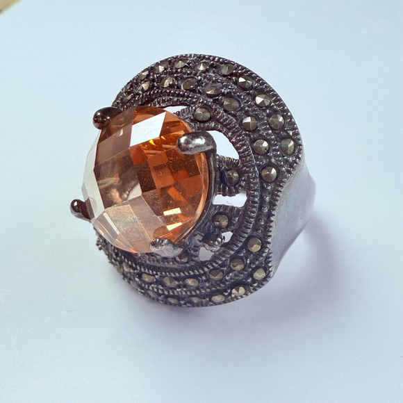 Art Deco Revival 5.5 CT Champagne Orange Quartz & Marcasite Sterling Silver Ring - Picture 2 of 12